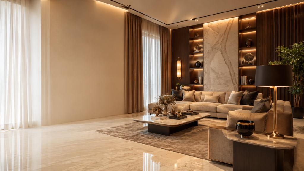 Sala residencial de alta gama con iluminación cálida, mobiliario elegante y diseño interior personalizado.